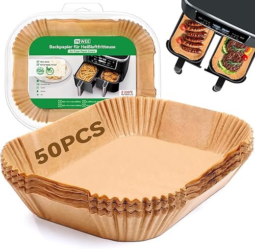 Baking Paper for Ninja Air Fryer, 50 Pieces 20.5x14cm Rectangular Paper Liners Fryer Oil Free Accessories for Ninja AF300EU, 7.6L/Foodi Max Dual Zone AF400EU and others Double Airfryer